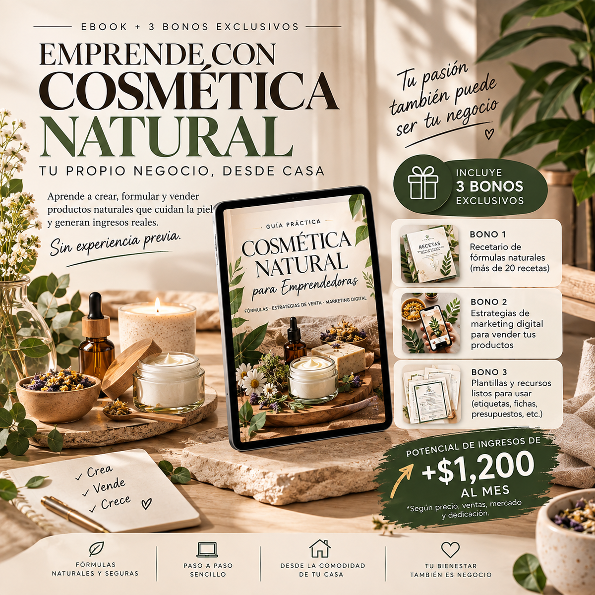 Emprende con Cosmética Natural + 3 Bonos Exclusivos: Genera +$1,200 al Mes